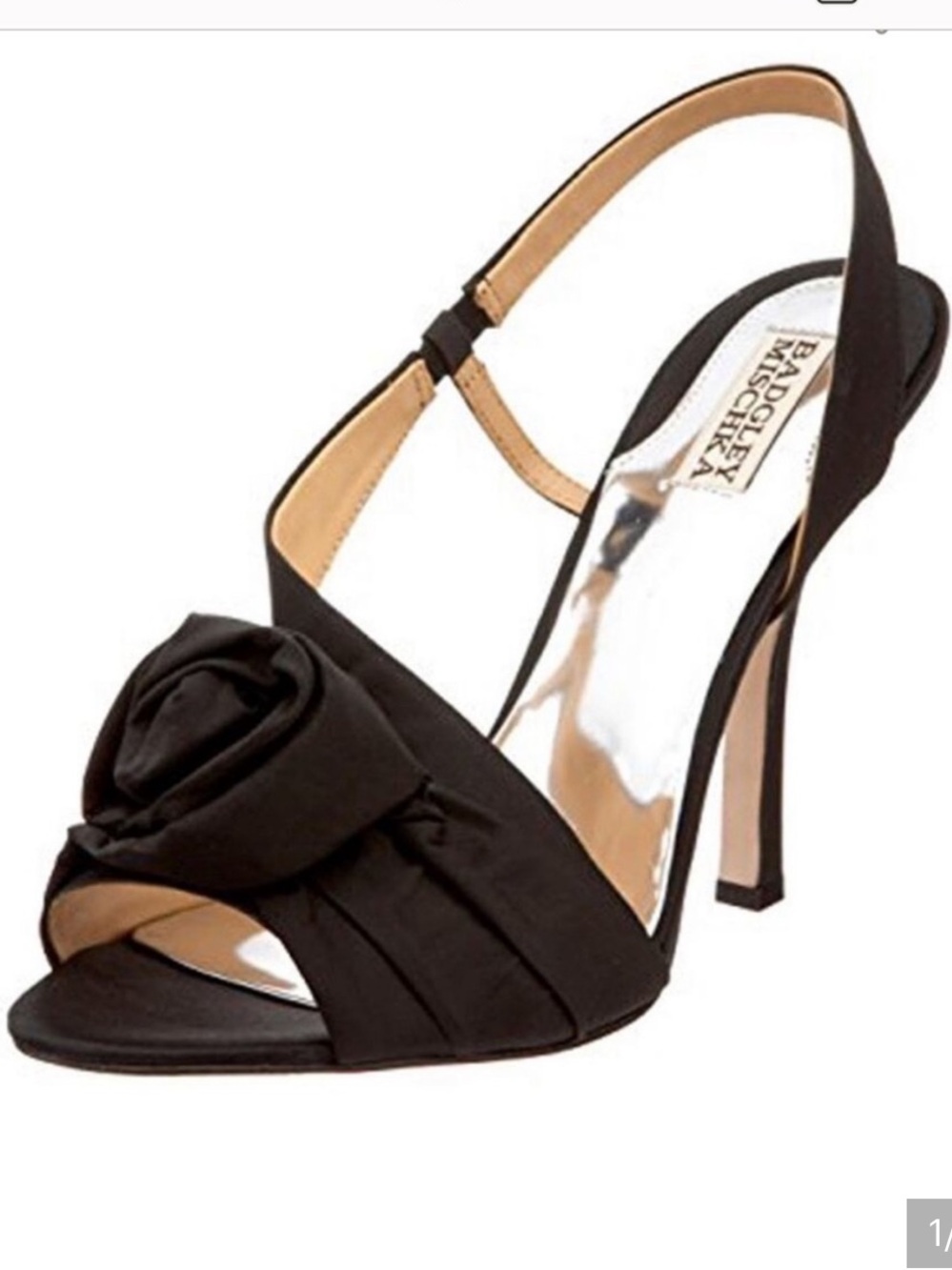 Badgley Mischka Black Satin Rose Open-Toe Slingback Heels
